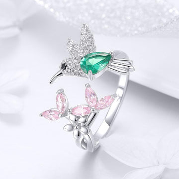 Solid 925 Sterling Silver Humming Bird Adjustable Fashion Ring