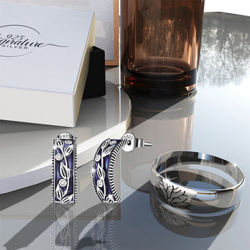 Boxed Solid 925 Sterling Silver Deep In The Forest Earrings & Silver Rings Set
