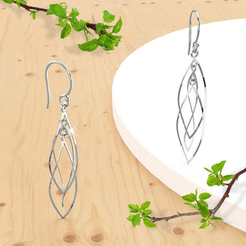 Solid 925 Sterling Silver Twisted Open Leaves Dangle Earrings