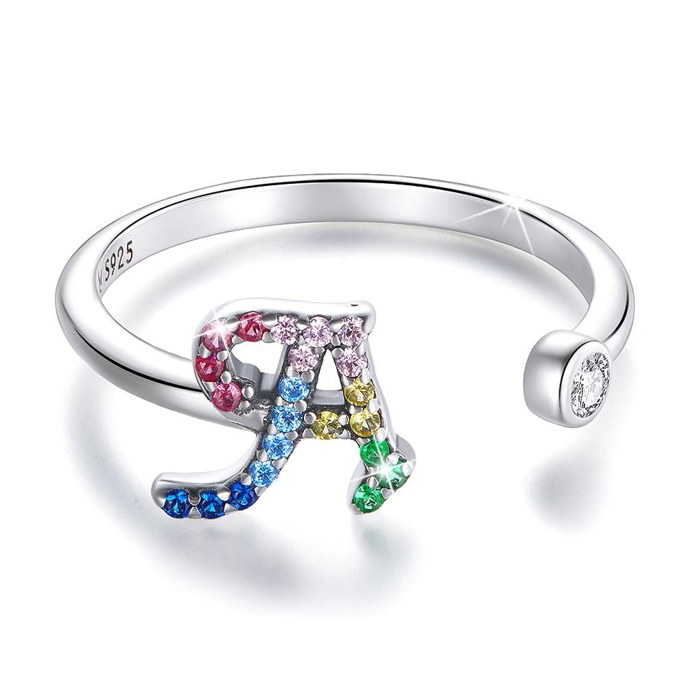 Solid 925 Sterling Silver Colourful Rainbow Alphabet Letter Adjustable Rings