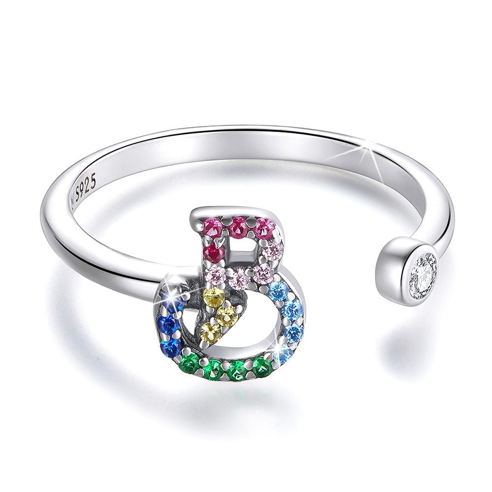 Solid 925 Sterling Silver Colourful Rainbow Alphabet Letter Adjustable Rings