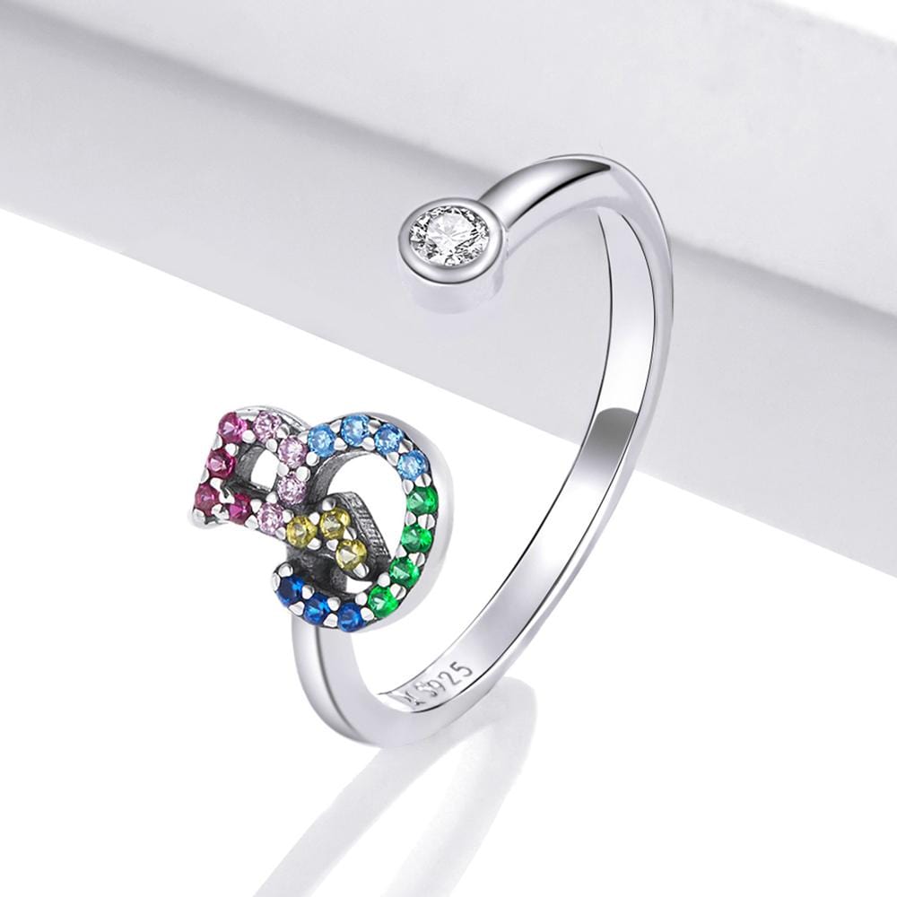 Solid 925 Sterling Silver Colourful Rainbow Alphabet Letter Adjustable Rings