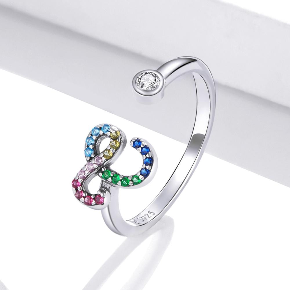 Solid 925 Sterling Silver Colourful Rainbow Alphabet Letter Adjustable Rings