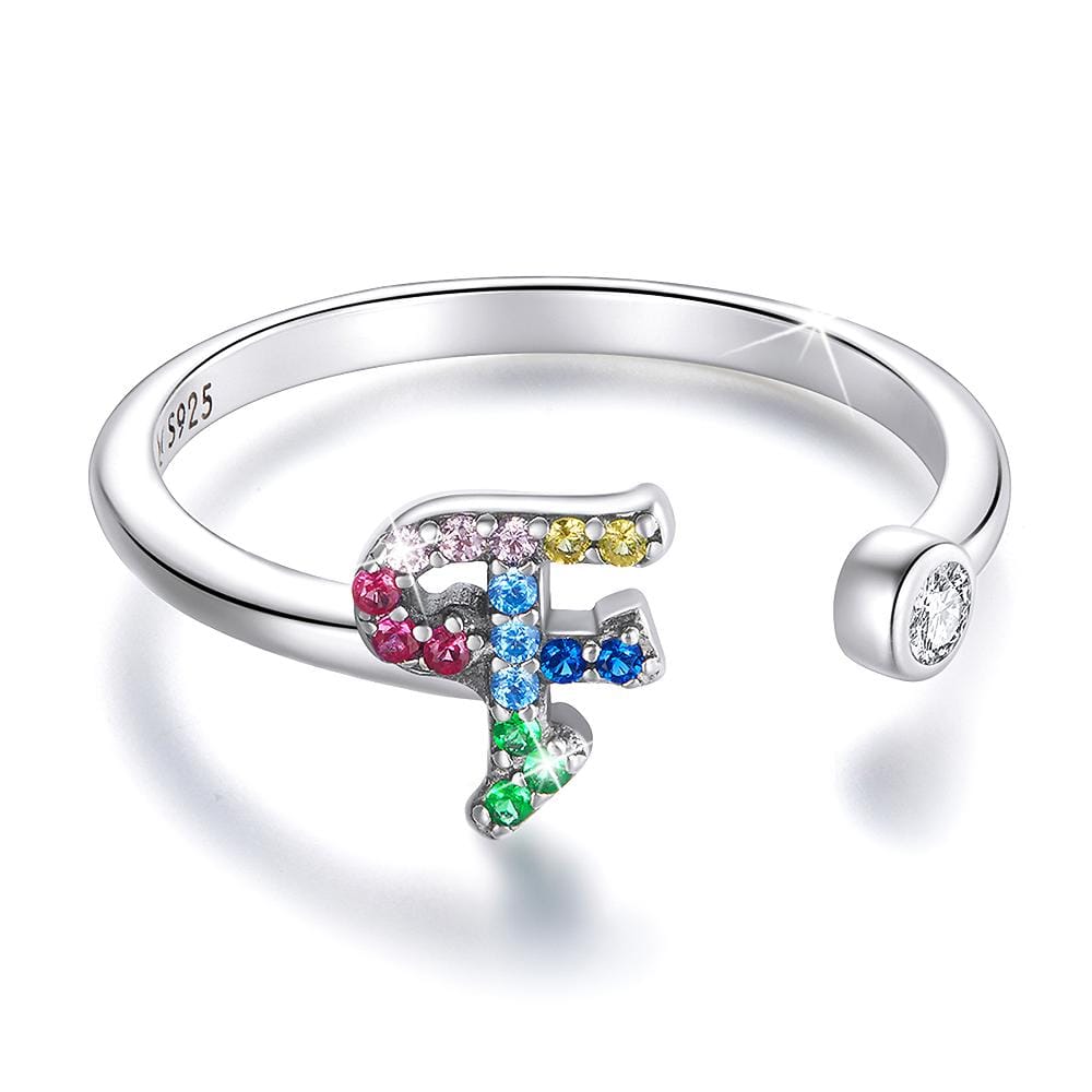 Solid 925 Sterling Silver Colourful Rainbow Alphabet Letter Adjustable Rings