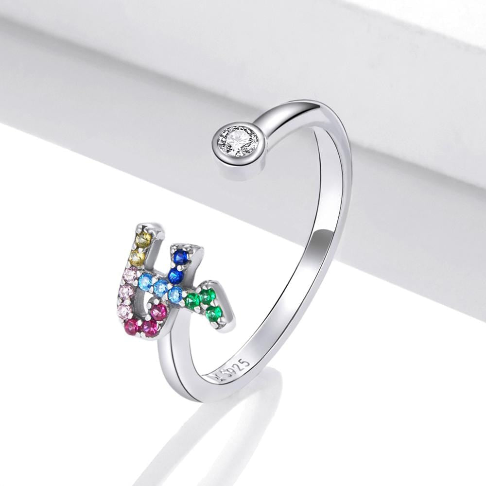 Solid 925 Sterling Silver Colourful Rainbow Alphabet Letter Adjustable Rings