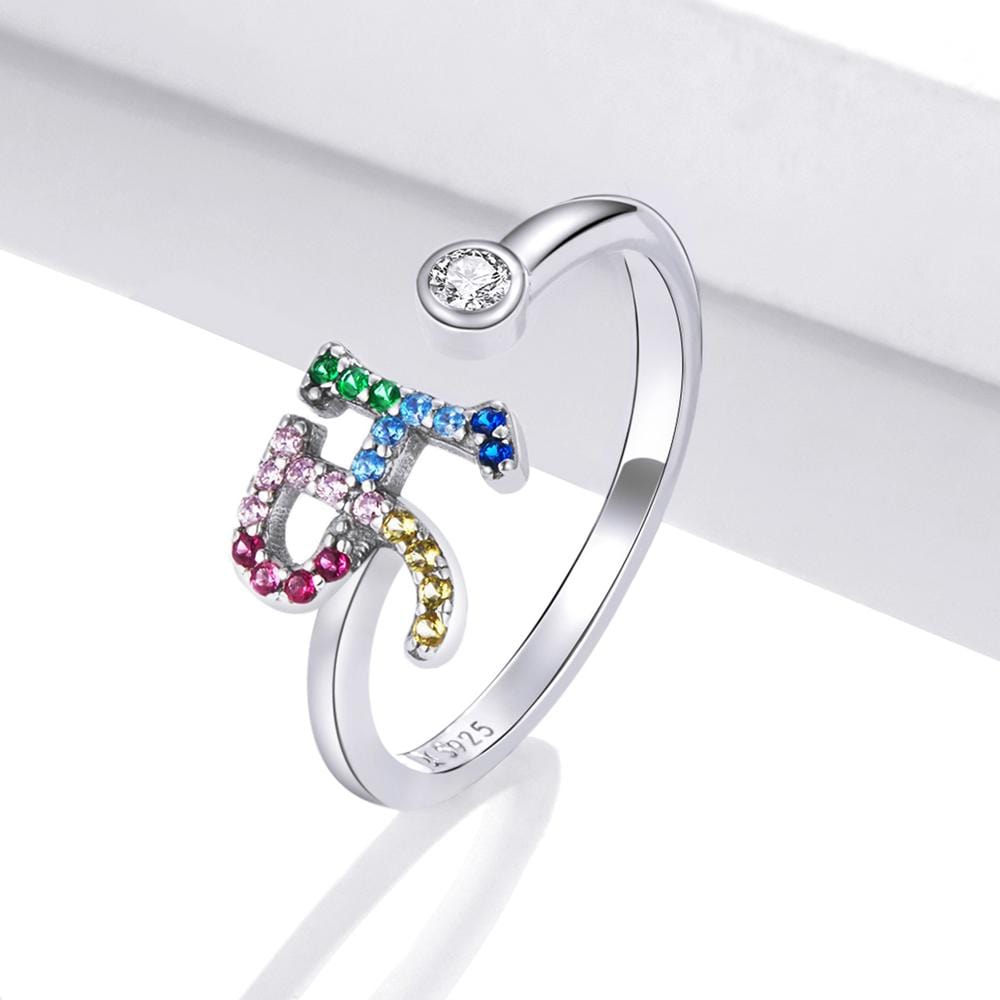 Solid 925 Sterling Silver Colourful Rainbow Alphabet Letter Adjustable Rings