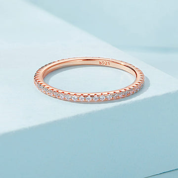 Solid 925 Signature Silver Crystals Queued In Rose Gold Ring