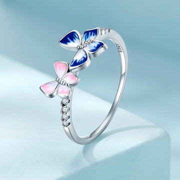 Solid 925 Signature Silver Non-Identical Twin Butterfly Ring