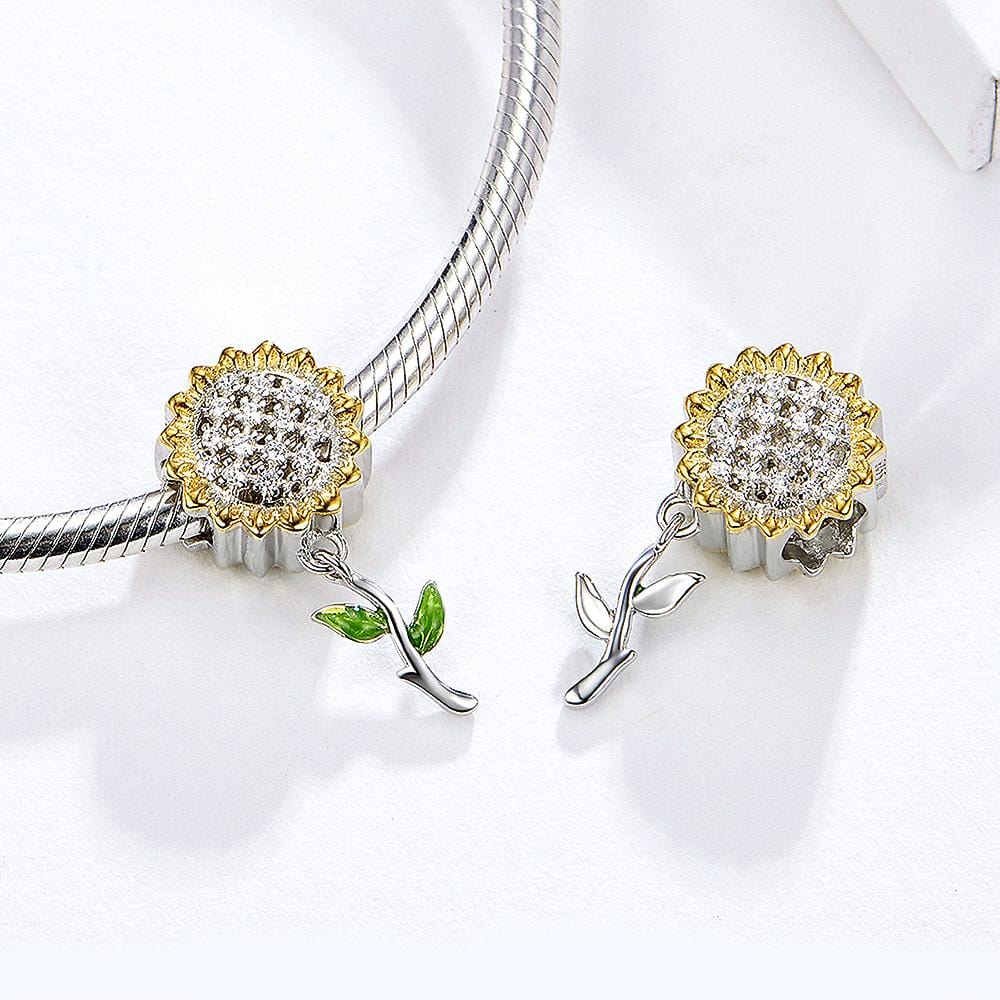 Boxed Solid 925 Sterling Silver Dual Tone Heart Shape and Sunflower Charms - Brilliant Co