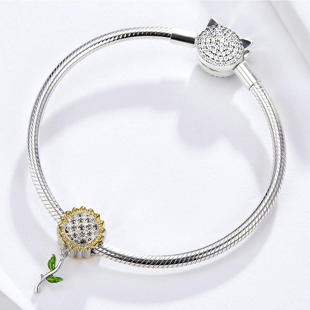 Boxed Solid 925 Sterling Silver Dual Tone Heart Shape and Sunflower Charms - Brilliant Co