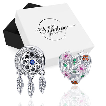 Boxed Solid 925 Sterling Silver Dream Catcher Sapphire Blue and Heart Colourful Floral Flower Charms