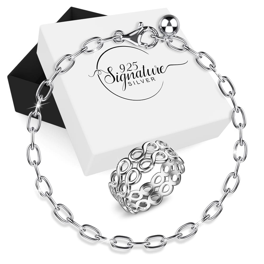 Boxed Solid 925 Sterling Silver Infinity Love Bracelet and Ring Set