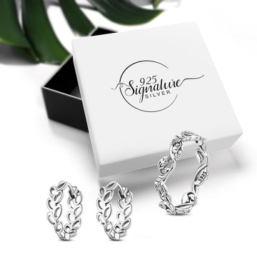 Boxed Solid 925 Signature Silver Entwined Garden Ring & Signature Silver Olive Leaves Arc Earrings