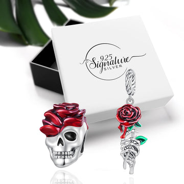 Boxed Solid 925 Signature Silver Romeo In Grave Skull & Red Rosy Rose Charm