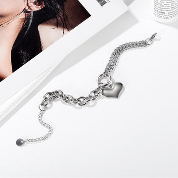 Lovely Heart Charm Dual Link Bracelet in White Gold