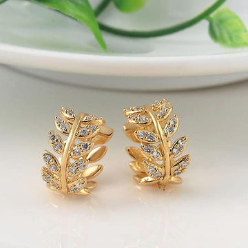 Greek Leaf Adorned with Created Diamonds Gold Layered Huggie Earrings - Brilliant Co