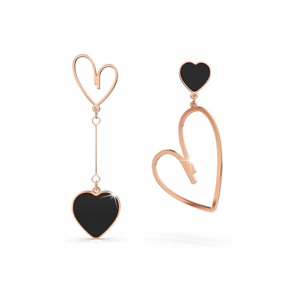 Open-Hearted Black Onyx Inlaid Asymmetrical Earrings Rose Gold Layered