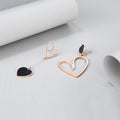 Open-Hearted Black Onyx Inlaid Asymmetrical Earrings Rose Gold Layered