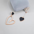 Open-Hearted Black Onyx Inlaid Asymmetrical Earrings Rose Gold Layered