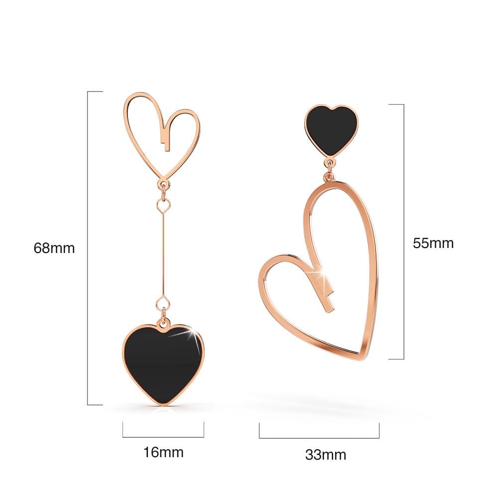 Open-Hearted Black Onyx Inlaid Asymmetrical Earrings Rose Gold Layered