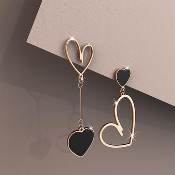 Open-Hearted Black Onyx Inlaid Asymmetrical Earrings Rose Gold Layered
