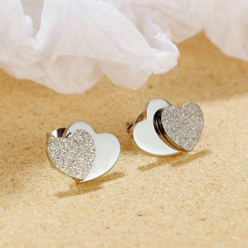 Glittery Heart Stud White Gold Layered Earrings - Brilliant Co