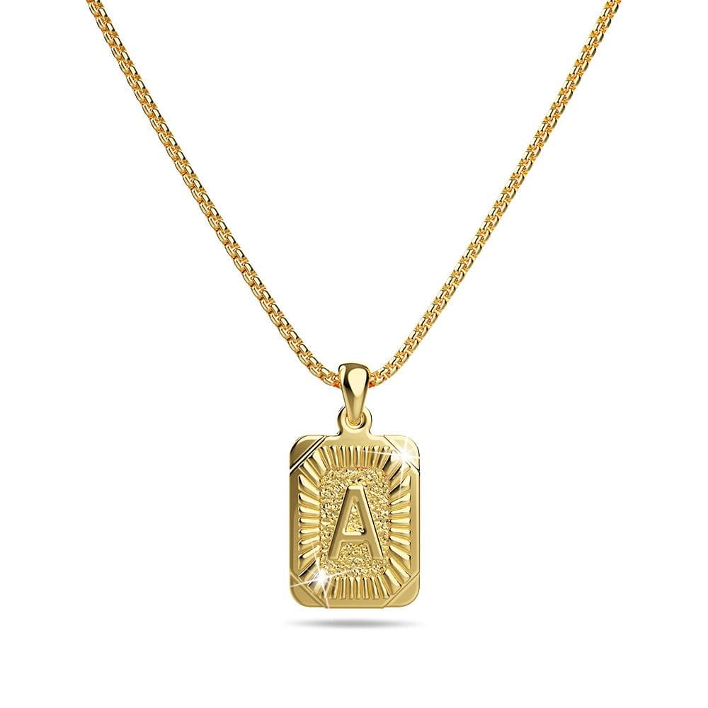 Vintage Inspired Initial Medal Gold Bar Pendant Round Box Chain Necklace - 2