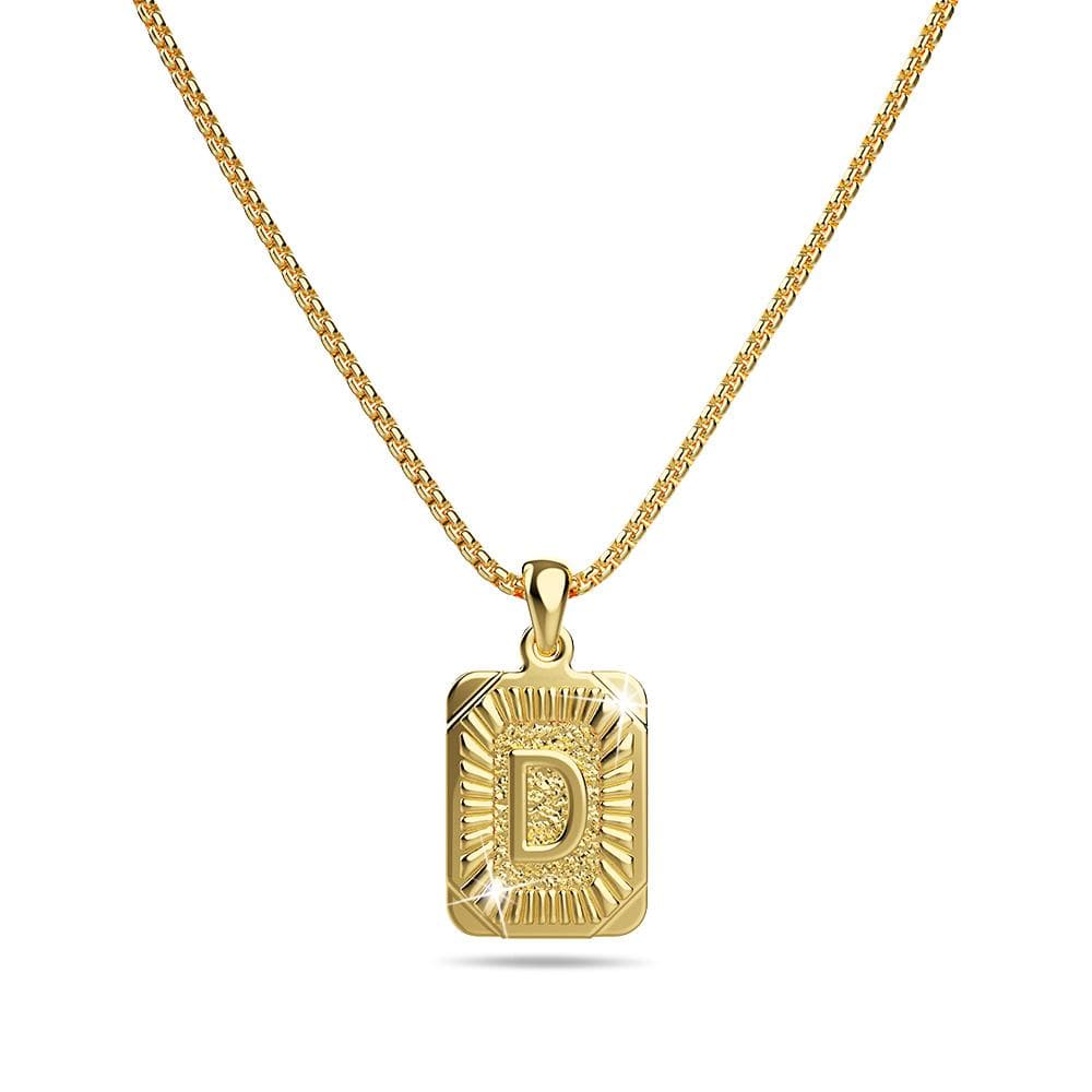 Vintage Inspired Initial Medal Gold Bar Pendant Round Box Chain Necklace - 14