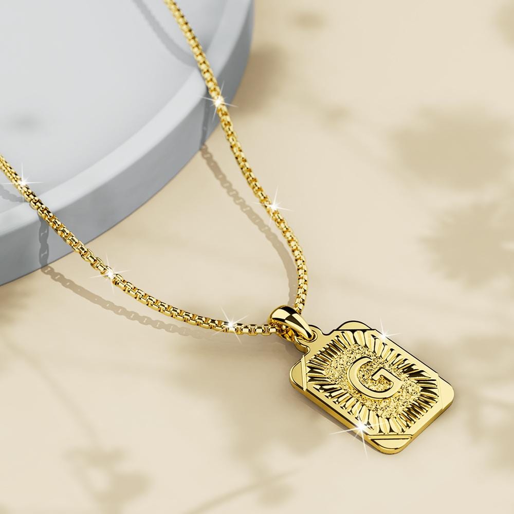 Vintage Inspired Initial Medal Gold Bar Pendant Round Box Chain Necklace - 29