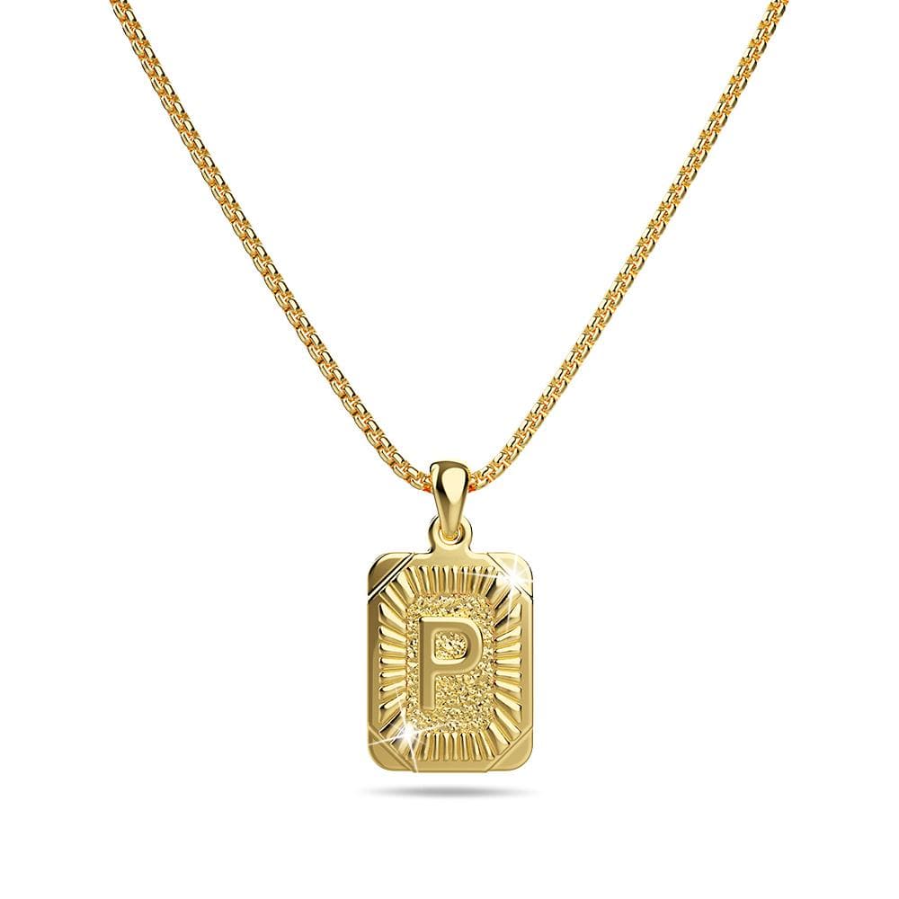 Vintage Inspired Initial Medal Gold Bar Pendant Round Box Chain Necklace - 62