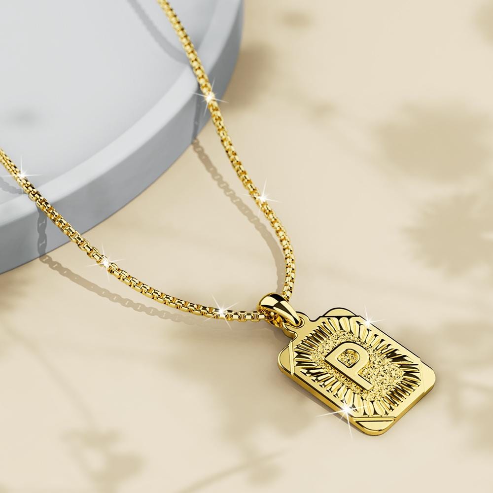 Vintage Inspired Initial Medal Gold Bar Pendant Round Box Chain Necklace - 65