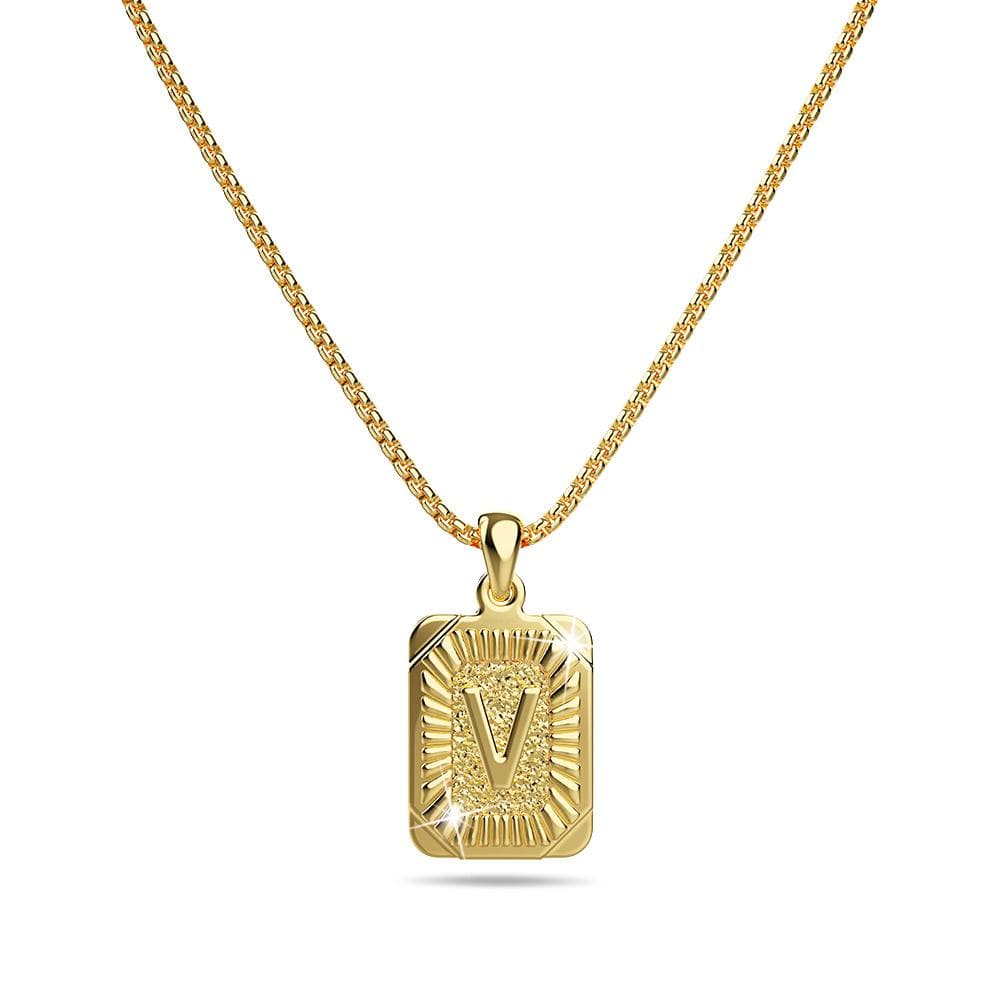 Vintage Inspired Initial Medal Gold Bar Pendant Round Box Chain Necklace - 86