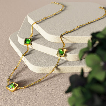 Square Bezel Station Necklace in Emerald Green
