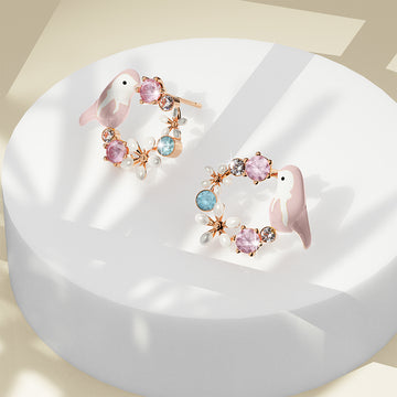 Pink Bird and Multicolour Floral Austrian Crystal Stud Earrings