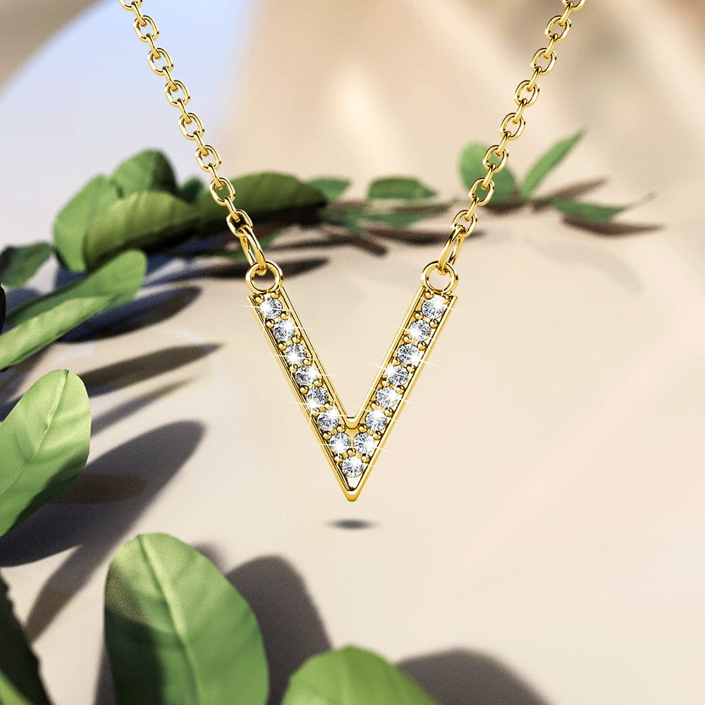Krystal Couture Luxury V Swarovski crystals Yellow Gold Necklace