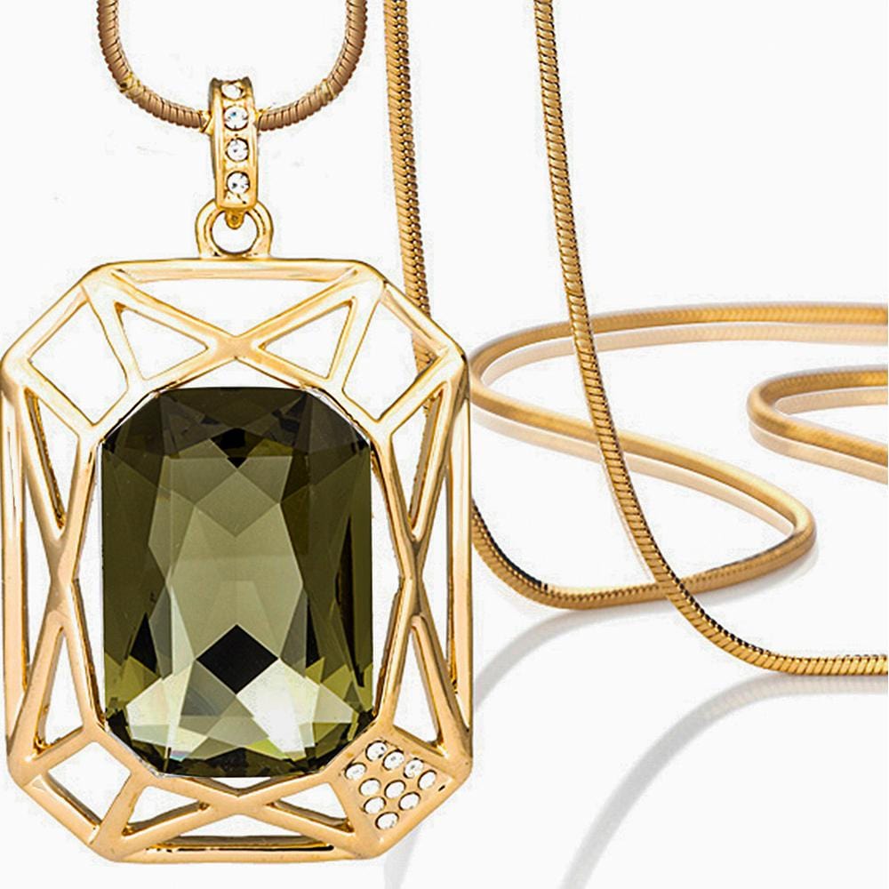 Palatial Square Long Necklace Olive Embellished with Swarovski  crystals