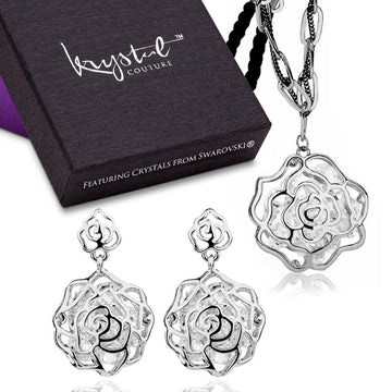 Spring Flower Long Necklace and Earrings Set Embellished with Swarovski crystals - Brilliant Co