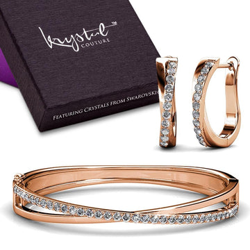 Boxed Lady Bangle And Earrings Set Rose Gold Embellished with Swarovski® crystals