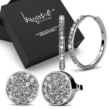 Boxed 2 Pairs White Gold Layered Earrings Set Embellished with SWAROVSKI® Crystals