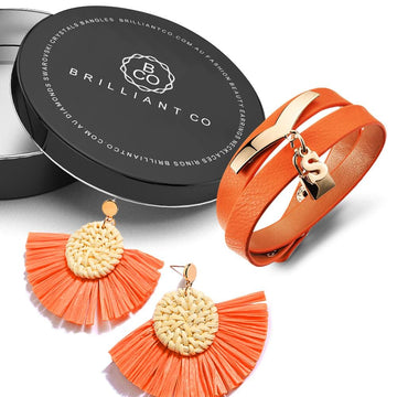 Boxed Brown Leather Wrap Bracelet and Fan Raffia Earrings Set
