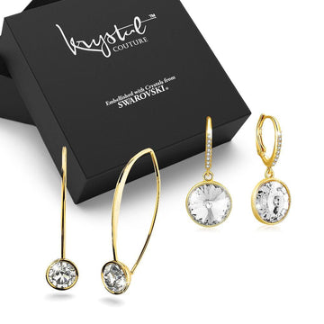Boxed 2 Pairs of Gold Earrings Set Embellished with Swarovski Crystals - Brilliant Co