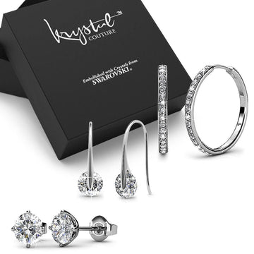 Boxed 3 Pairs of White Gold Earrings Set Embellished with Swarovski Crystals - Brilliant Co