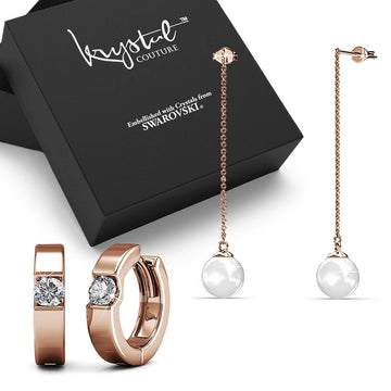 Boxed 2 Pairs of Rose Gold Earrings Set Embellished with Swarovski Crystals - Brilliant Co