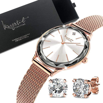 Boxed of Krystal Couture Mineral Glass Watch with Earrings Embellished with Crystals from Swarovski¨ Set in Rose Gold - Brilliant Co