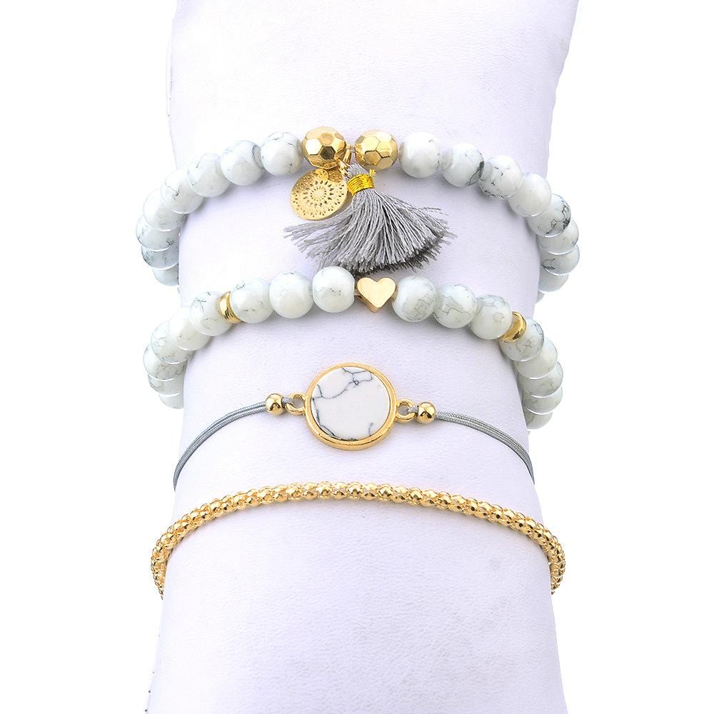 Boxed Bohemian Multi Layered Charm Bead Bracelet and Stud White Gold Plated Earrings Set - Grey