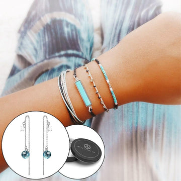 Boxed Bohemian Multi Layered Charm Bead Bracelet and Drop Earrings Set - Teal