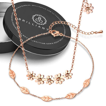 Boxed Mini Daisy Necklace with Falling Leaves Chain Anklet in Rose Gold - Brilliant Co