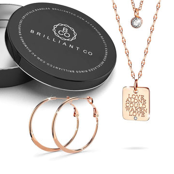 Boxed Awaken Engraved Pendant with Semi Flattened Hoop Earrings in Rose Gold - Brilliant Co