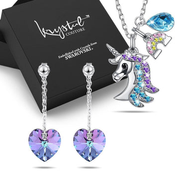 Boxed Unicorn With Blue Crystal And Rainbow Pendants Necklace and Earrings Set Embellished with Swarovski Crystals Set