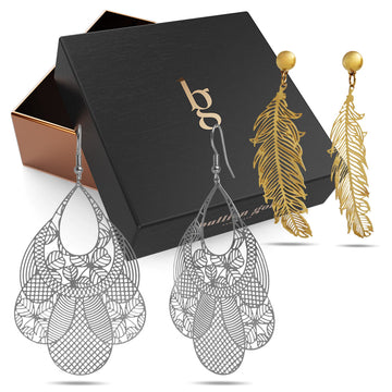 Boxed Set of Laser Cut Feather Earrings in Gold and Laser Etched Earrings In White Gold